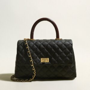Black Quilted Caviar Leather Top Handle Bag – Quilted Flap Bag with Burgundy Croc-Embossed Handle & Chain Strap