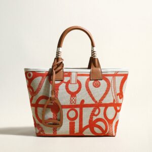 Colorful Abstract Top Handle Bag – Equestrian Print Canvas Tote with Leather Trim and Stirrup Charm