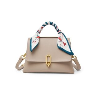 Elegant Apricot Leather Satchel Bag with Silk Scarf Handle