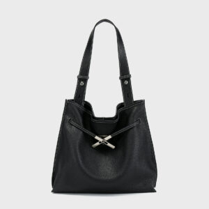 Pebbled Leather Slouchy Hobo Tote – Large Shoulder Bag with Cross Drawstring Detail