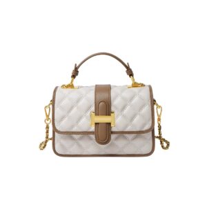 White Quilted Leather Satchel Bag with Gold Chain Strap